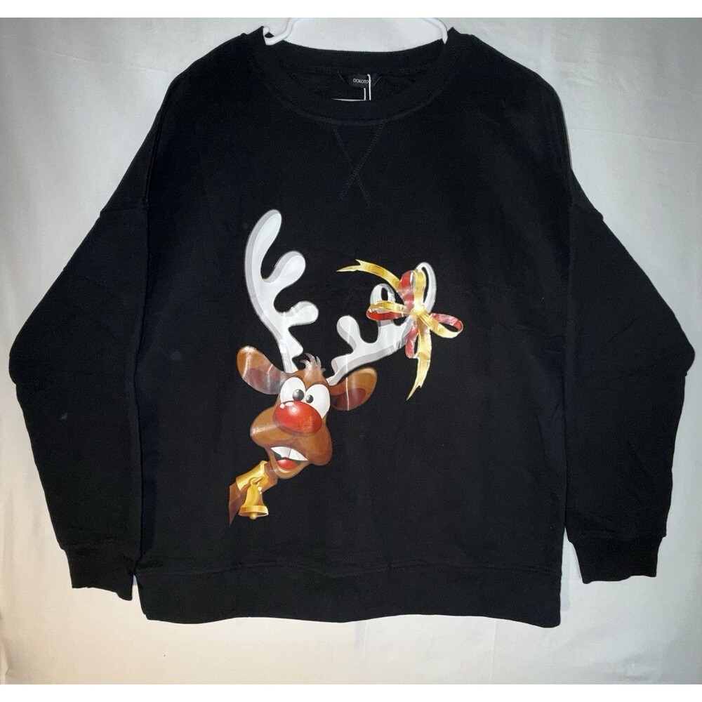 DOKOTOO Christmas Reindeer Sweatshirt Women’s M Black Crewneck Holiday NWT